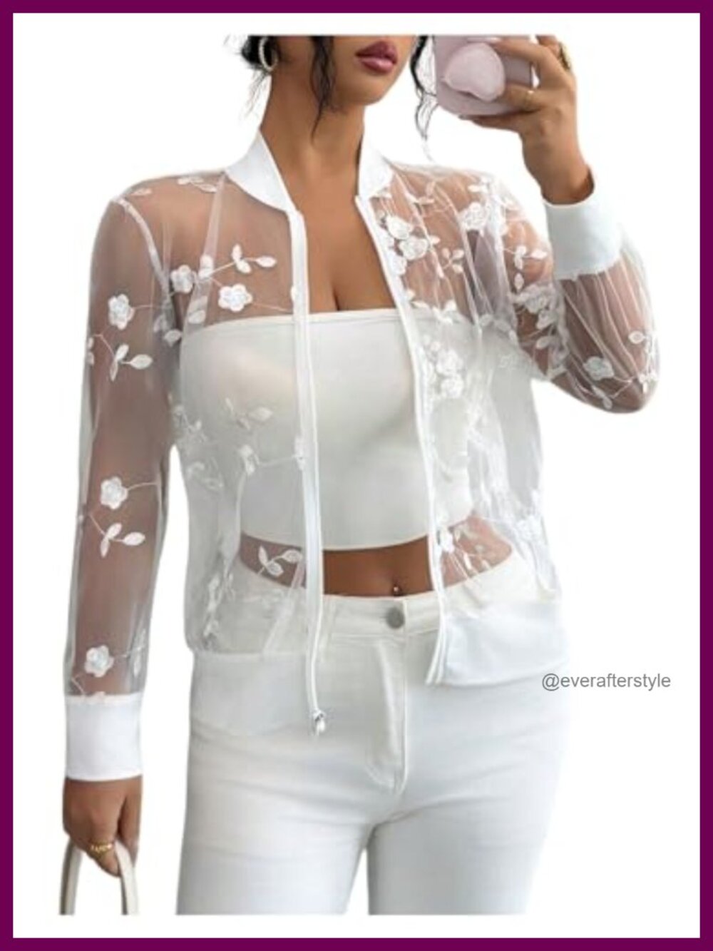Floral Lace Sheer Mesh Lightweight Jacket Zip Up Long Sleeve Baseball Collar
